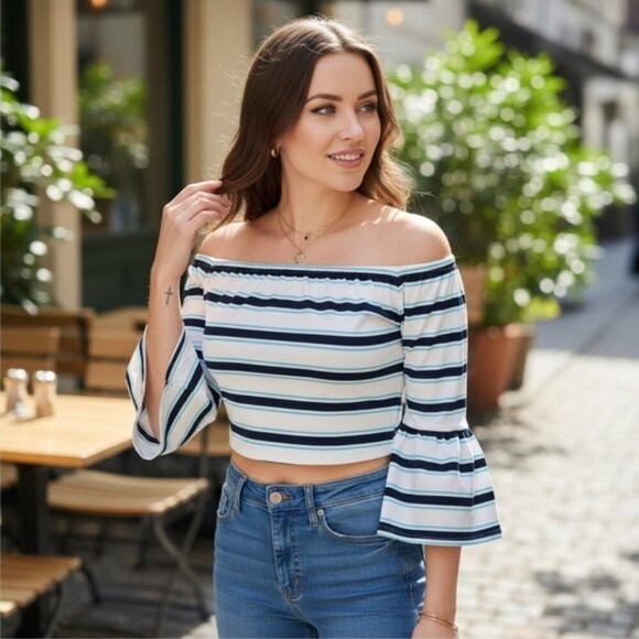 Zara ✦ Striped Off-Shoulder Cropped Blouse ✦ Belle Sleeves Size L EUC - Picture 1 of 7
